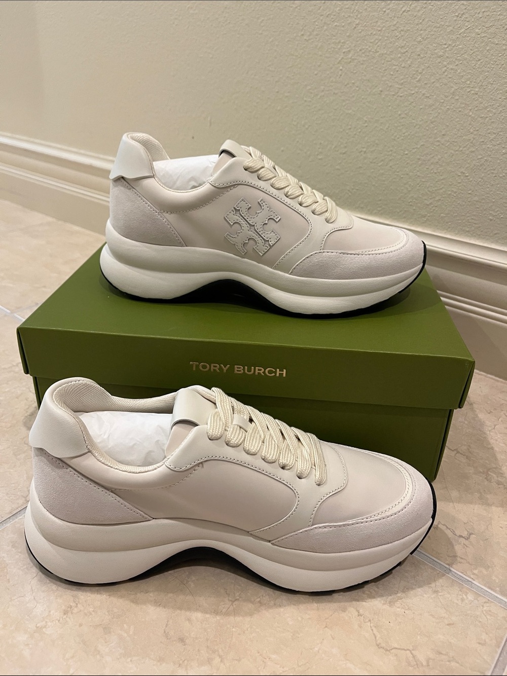 Tory Burch Cream and White Platform Lace-Up Sneakers